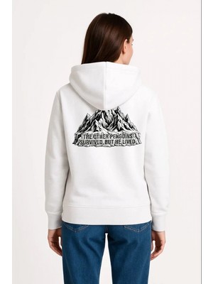 Marsilyan Kadın 3 Iplik Pamuklu Kapüşonlu Hoodie Sweatshirt Nihilist Penguen Baskılı - Beyaz