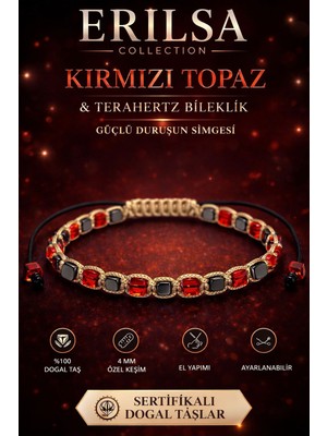Erilsa Sertifikalı Kırmızı Topaz Terahertz Bileklik 4 mm Küp Kesim – Doğal Taş El Yapımı Ayarlanabilir