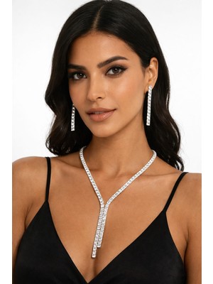 Klc Takı Kadın Gümüş Renk Model Su Yolu Zirkon Taşlı Kolye Küpe Seti