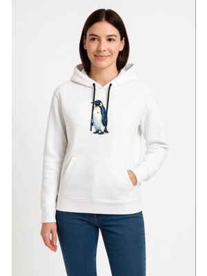 Marsilyan Kadın 3 Iplik Pamuklu Kapüşonlu Hoodie Sweatshirt Survivor Penguen Baskılı - Beyaz