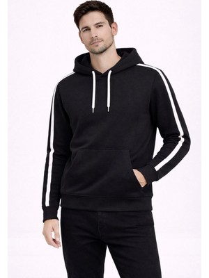 Marsilyan Erkek Şeritli Kapüşonlu Sweatshirt Oversize 3 Iplik Pamuklu - Siyah