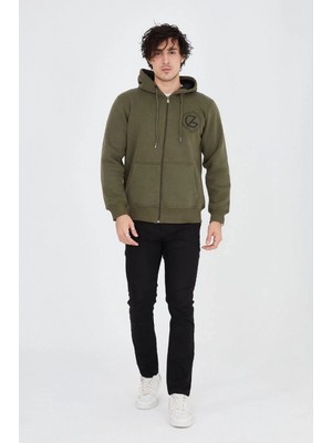 Marsilyan Erkek 3 Iplik Pamuklu Fermuarlı Kapüşonlu Kanguru Cepli Baskılı Hoodie Hırka Sweatshirt - Yeşil