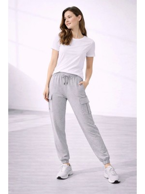 Marsilyan Kadın Jogger Eşofman Altı Kargo Cepli Lastikli Paça Spor Pantolon - Gri
