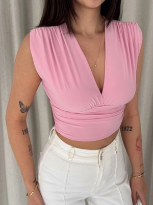 Marsilyan Kadın Vatkalı Kolsuz V Yaka Drapeli Crop Bluz Likralı Fit - Pembe