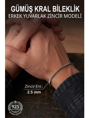 Silvera Telkari 925 Ayar Gümüş Erkek Bileklik 2.5 mm Yuvarlak Zincir Kral Bileklik ST426