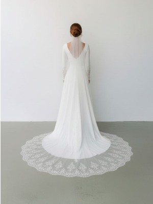 S&G Gelinlik 3 mt Krem Işlemeli Gipülü Duvak