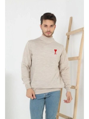 Marsilyan Erkek Yarım Bağazlı Kazak Baskılı Dokuma Triko - Bej