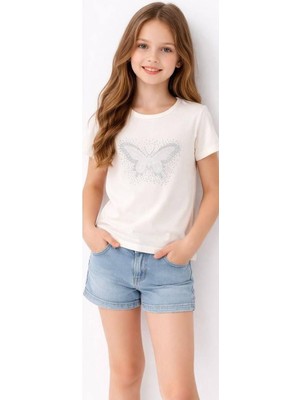 BeU Kids Kız Çocuk Beyaz Kelebek Detaylı Arkası Düz Pamuklu Likralı Tişört