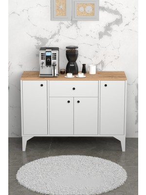 Robeve Çok Amaçlı Dolap Kahve Köşesi Dolabı Çekmeceli 4 Kapaklı Konsol Dolabı Kiler Atlantik Çam Beyaz