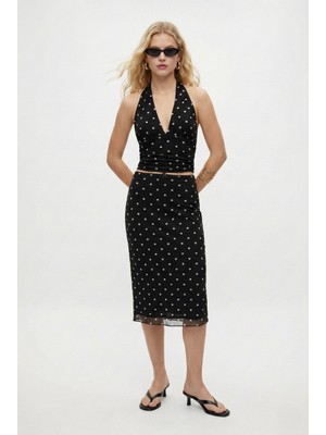Ritnice Kadın Briella Esnek Puantiye Desenli Astarlı Tül Midi Siyah Etek