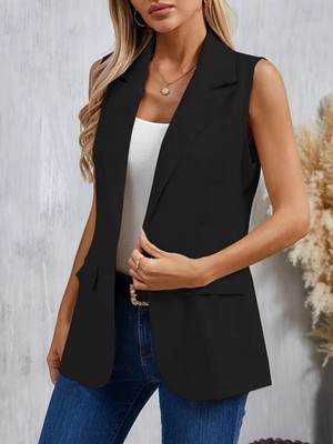 Marsilyan- Kadın Kolsuz Yakalı Önden Tek Düğmeli Atlas Ceket