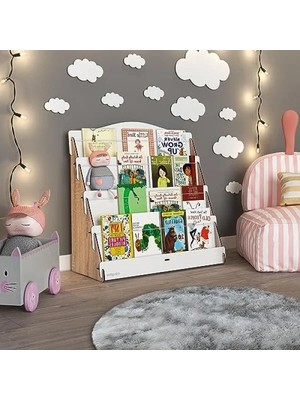 Calperia Ahşap Çocuk Kitaplığı - 4 Raflı, Meşe & Beyaz