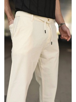 Marsilyan Erkek Keten Cepli Pantolon Lastikli Bel Bağcıklı Önden Fermuarlı - Krem