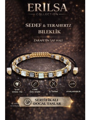 Erilsa Sertifikalı Sedef Taşı Terahertz Bileklik - 4mm Küp Kesim Doğal Taş El Yapımı Ayarlanabilir Lüks