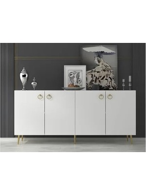 Vivense Drop Konsol, 4 Kapaklı 4 Raflı, Beyaz-Altın