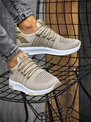 Homiro Erkek Bağcıklı Triko Spor Ayakkabı-Bej-Camel
