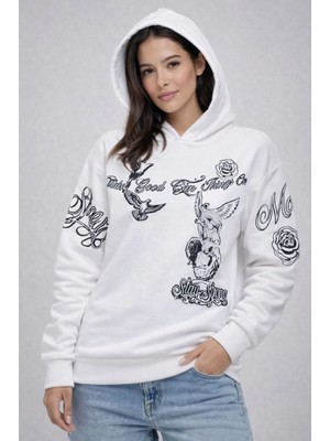 Marsilyan Kadın 3 Iplik Pamuklu Kapüşonlu Baskılı Sweatshirt Hoodie - Beyaz