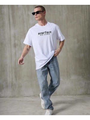 Marsilyan Bisiklet Yaka Baskılı Oversize T-Shirt - Beyaz