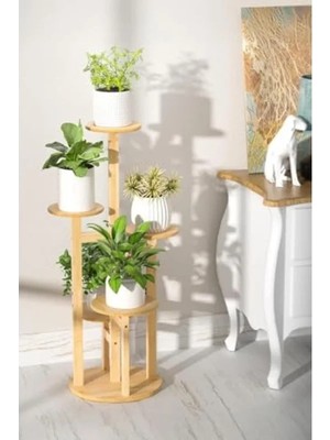 Calperia Bambu Yuvarlak Form 5 Raflı Saksılık, Pratik Organizer