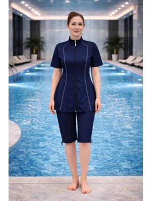 Tesmay Hızlı Kuruyan Paraşüt Kumaş Önden Fermuarlı Kısa Kollu Taytlı Kadın Mayo 2474