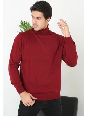 Marsilyan Erkek Tam Boğazlı Balıkçı Yaka Kazak Uzun Kol Düz Dokuma Triko - Bordo