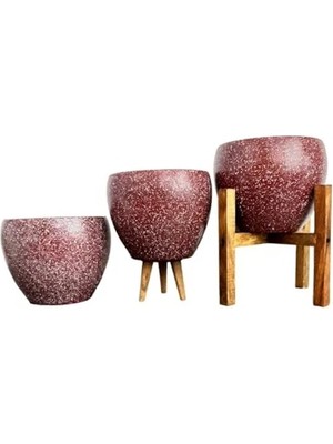Calperia Bordo Granit Saksı Üçlü Set, 15 Cm, Salon Çiçeklik ve Saksılık Için