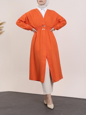 Moda Morfo Kolu ve Beli Lastikli Çıtçıtlı Keten Kap -Turuncu