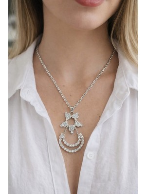 KLC Takı Kadın Kolye Gümüş Renk Model Ay Yıldız Taşlı Kolye  Set