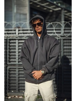 Marsilyan Erkek Tam Fermuarlı Cepli Kapüşonlu 3 Iplik Pamuklu Hoodie Sweatshirt - Füme