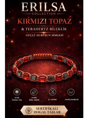 Erilsa Sertifikalı Kırmızı Topaz Terahertz Bileklik 4 mm – El Yapımı Ayarlanabilir Lüks Tasarım Doğal Taş