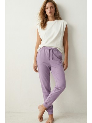 Elemge %100 Pamuk Compact Penye Süprem Kadın Pijama Altı Cepli Regular Fit Manşet Paça Esnek Lila Terletmez Yapı Beli Ipli