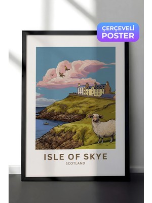 Zestia Siyah Çerçeveli  Duvar Tablosu Isle Of Skye Iskoçya Sahil Köyü Illüstrasyonu Salon Dekoru