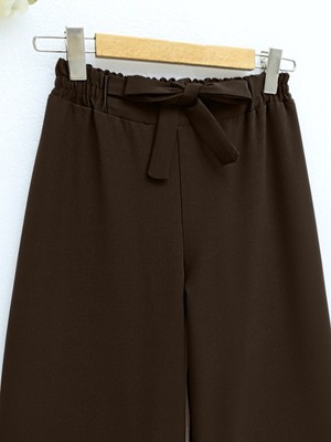 Moda Morfo Duble Kumaş Beli Kuşaklı Bol Paça Pantolon  -Kahve