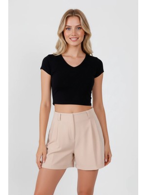 Kadın Siyah V Yaka Pamuklu Likralı Süprem Basic Kısa Kol Crop T-Shirt
