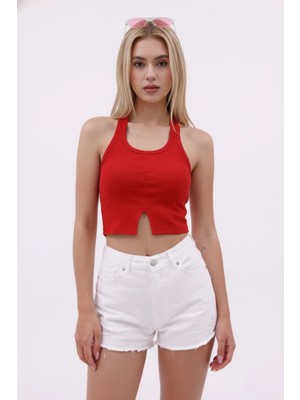 Kadın Kırmızı Boyundan Geçmeli Etek Ucu Yırtmaçlı Esnek Pamuklu Kaşkorse Bluz