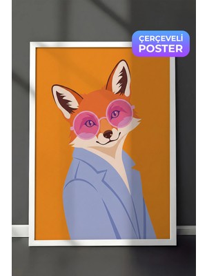 Zestia Beyaz Çerçeveli  Duvar Tablosu Pembe Gözlüklü Stil Sahibi Tilki Illüstrasyonu Salon Dekoru