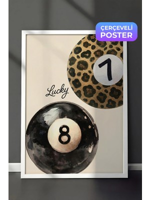 Zestia Beyaz Çerçeveli  Duvar Tablosu Lucky Yazılı Leopar Desenli Bilardo Topu Sulu Boya Salon Dekoru