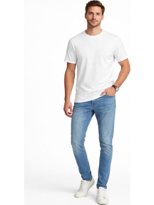 Justas Erkek Beyaz Basic Tişört Pamuklu Bisiklet Yaka Rahat Kalıp Günlük