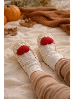 Minissa Baby Kids Çarık Çorap  Deri Kaymaz Tabanlı Kalp Peluş Oyuncaklı Patik