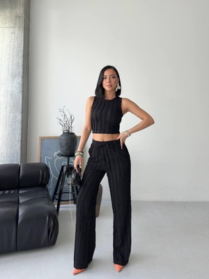 Mabel Giyim Fır Fır Dokulu Crop Pantlon Takım