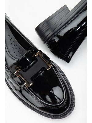 Ellolita Luxury Shoes Anna Ortopedik Taban Siyah Rugan Deri Loafer