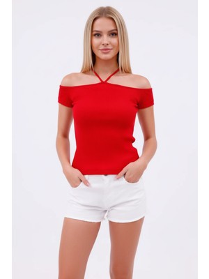 Kadın Kırmızı Madonna Yaka Boyundan Ip Detaylı Pamuklu Likralı Kaşkorse Crop Bluz