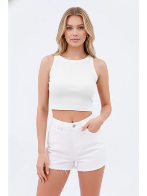 Kadın Beyaz Halter Yaka Omuz Dekolteli Pencere Detaylı Pamuklu Fitilli Kaşkorse Crop Bluz