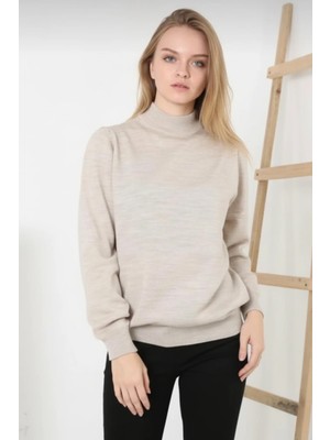 Kadın Bej Uzun Kollu Boğazlı (Yüksek Yaka) Basic Triko Kazak