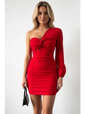 Kadın Krep Kumaş Önü Düğüm Detay Tek Kol Elbise