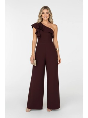 Kadın Tek Omuz Detay Fırfırlı Krep Kumaş Tulum