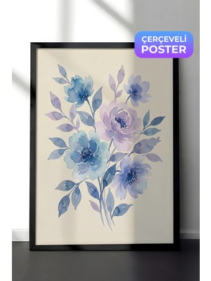 Zestia Siyah Çerçeveli  Duvar Tablosu Mavi Lila Sulu Boya Çiçeklerin Zarif Dansı Salon Dekoru