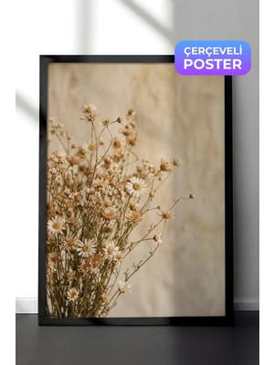 Zestia Siyah Çerçeveli  Duvar Tablosu Kuru Papatyaların Sıcak Nostaljisi Nötr Ton Fotoğraf Salon Dekoru