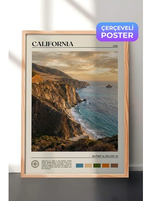 Zestia Ahşap Çerçeveli  Duvar Tablosu California Sahil Kayalıkları Gün Batımı Salon Dekoru