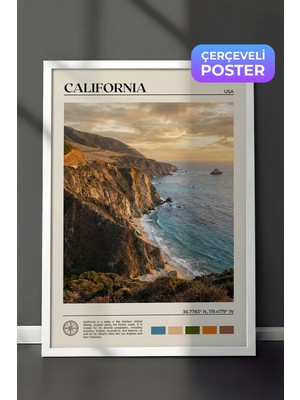 Zestia Beyaz Çerçeveli  Duvar Tablosu California Sahil Kayalıkları Gün Batımı Salon Dekoru